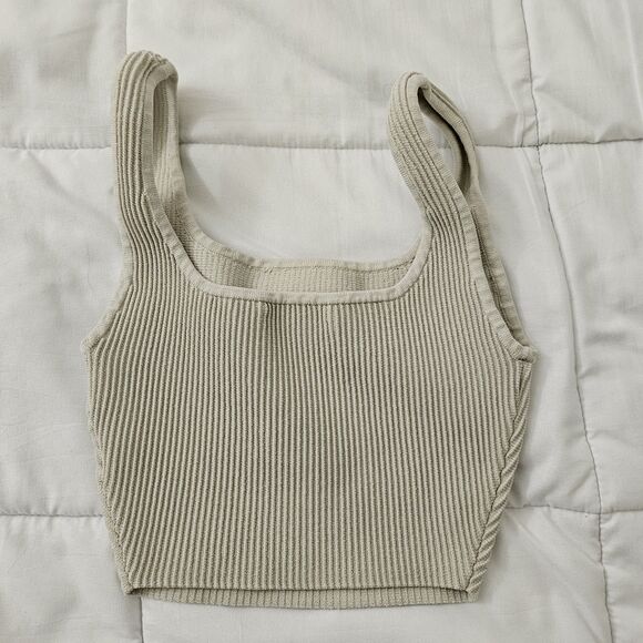 Babaton Aritzia Crop Top XXS Matte Pearl Ribbed Tank Sculpt Knit Stretch - Picture 4 of 8